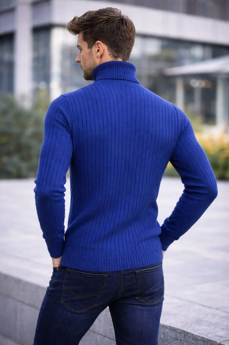 Balıkcı Yaka Bağazlı Triko Kazak Pamuklu Kalın Fitilli Dokuma, Regular Fit Uzun Kollu Kışlık Model - İndigo