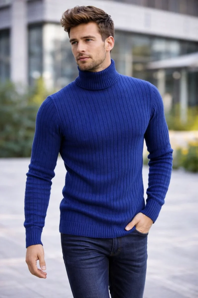 Balıkcı Yaka Bağazlı Triko Kazak Pamuklu Kalın Fitilli Dokuma, Regular Fit Uzun Kollu Kışlık Model - İndigo