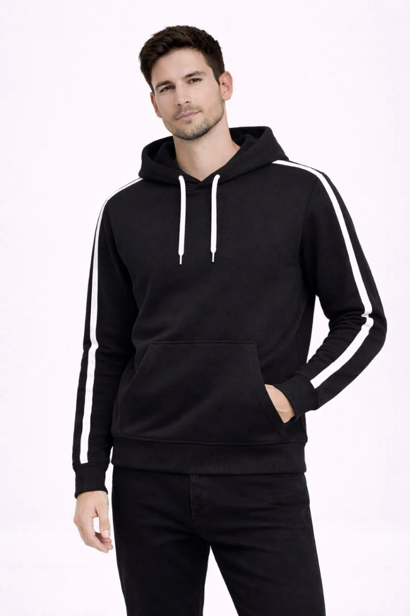 Erkek Şeritli Kapüşonlu Sweatshirt Oversize 3 iplik Pamuklu - Siyah