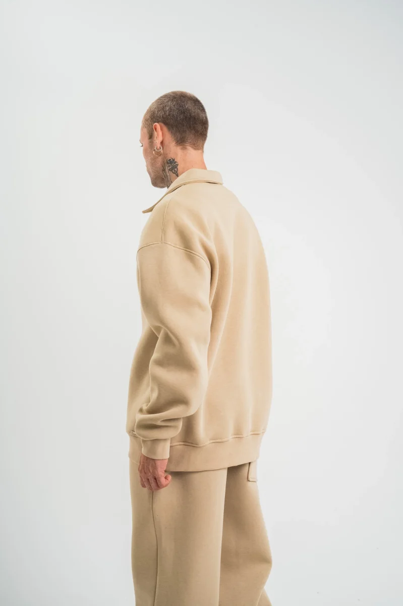 Erkek Patlı Yaka Üç İplik Pamuklu Sweatshirt Double Oversize Rahat Kalıp Günlük Kullanım – Bej