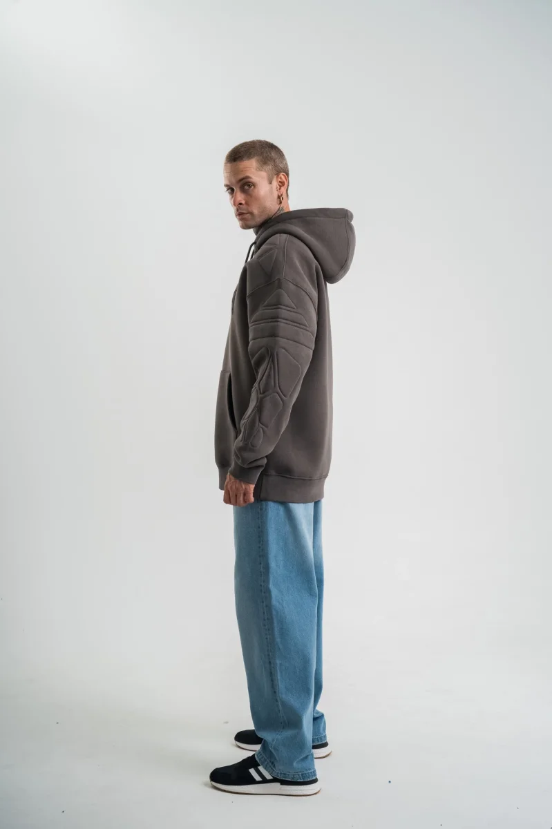 Erkek Nakış İşlemeli Kapşonlu Antrasit Sweatshirt Üç İplik Double Oversize- Füme