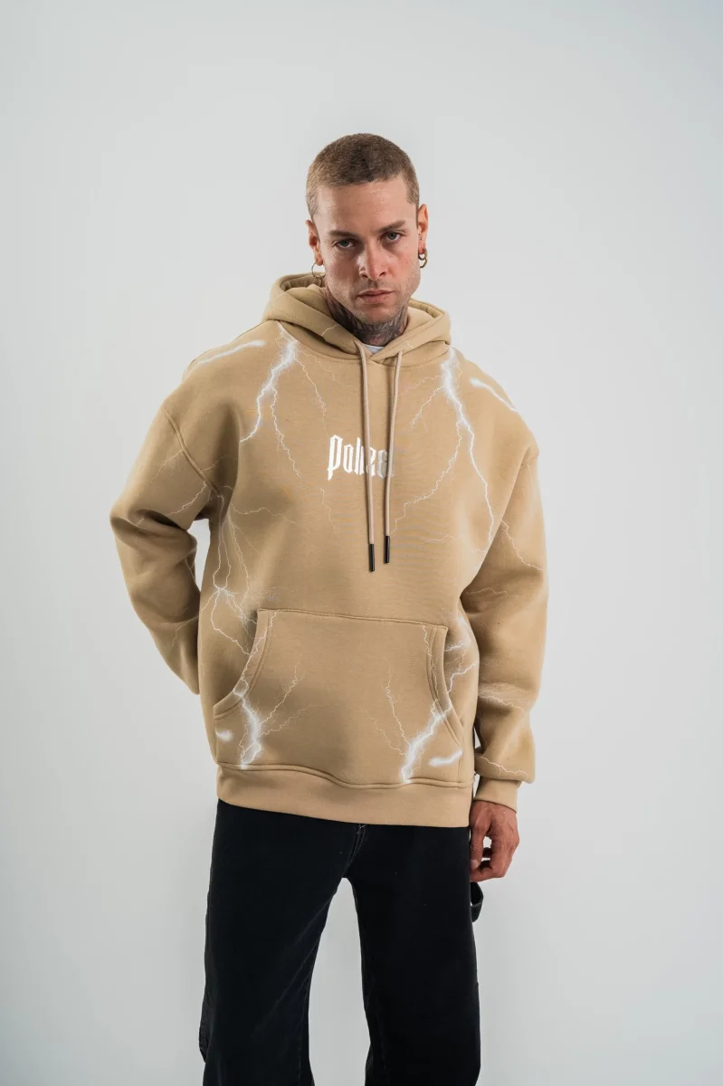 Erkek Şimşek Baskılı Kapşonlu Sweatshirt Üç İplik Pamuklu Kanguru Cepli Double Oversize Hoodie - Bej