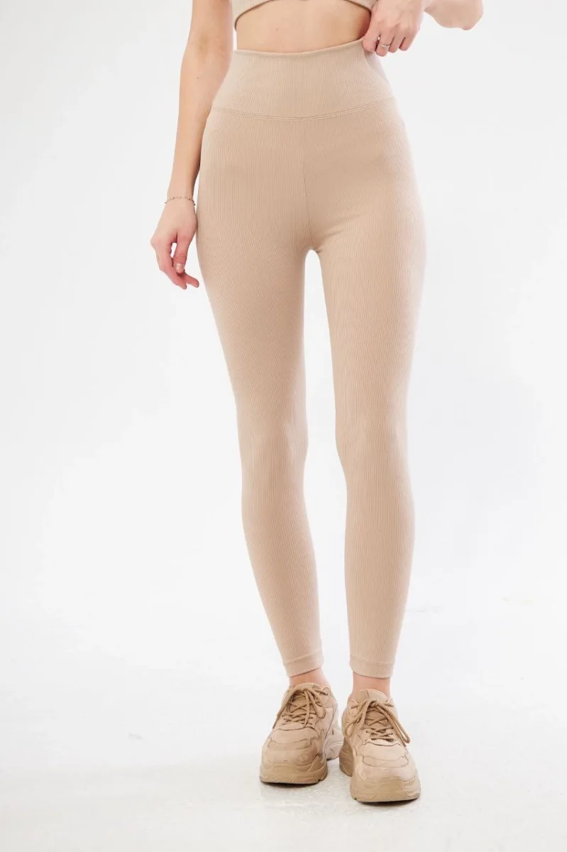 Kadın Fitilli Full Likralı Yüksek Bel Toparlayıcı Tayt Günlük ve Spor Kullanım - Bej