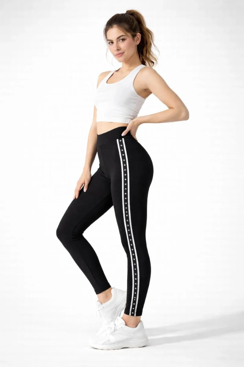 Kadın Likralı Yan Yıldız Şeritli Detaylı Tayt - Siyah