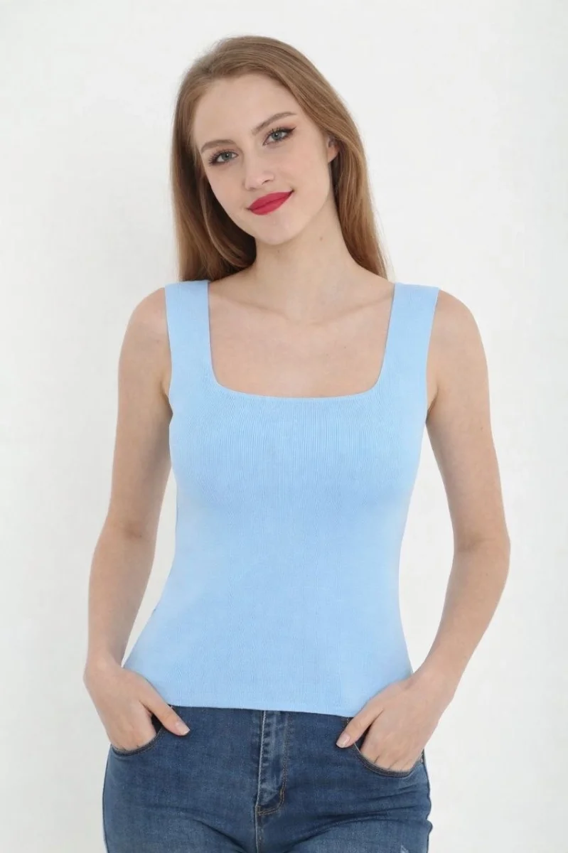 Kadın Kare Yaka Detay Crop - Mavi