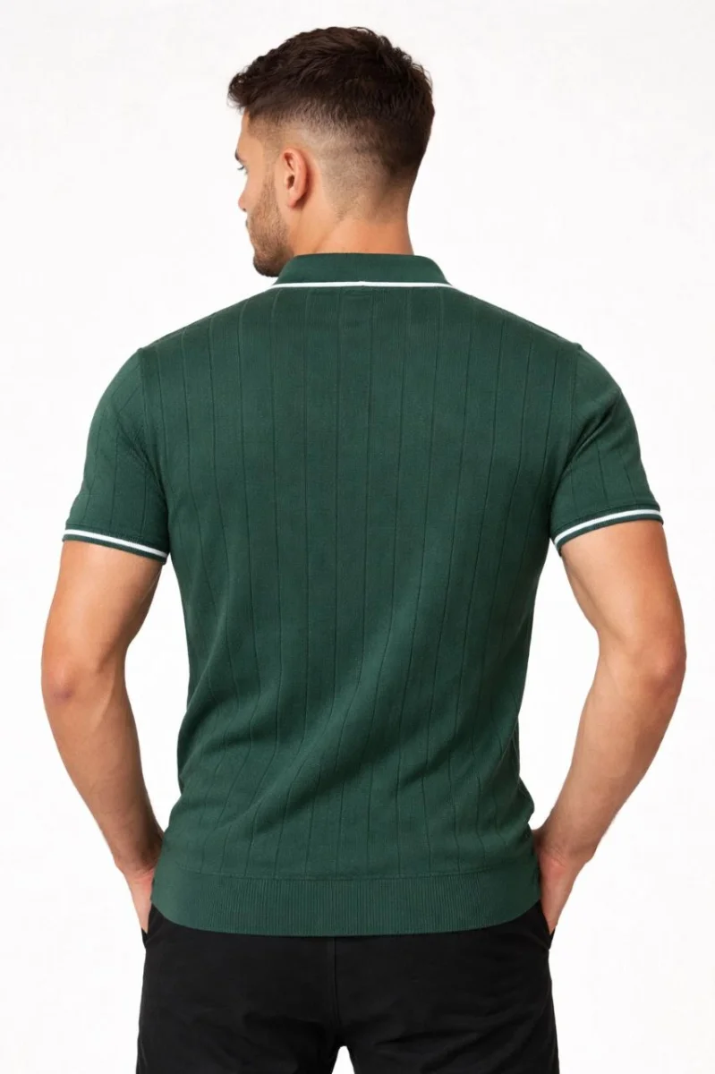 Erkek Fermuarlı Yaka Fitilli Triko Kısa Kollu Regular Fit Tişört T-shirt - Yeşil