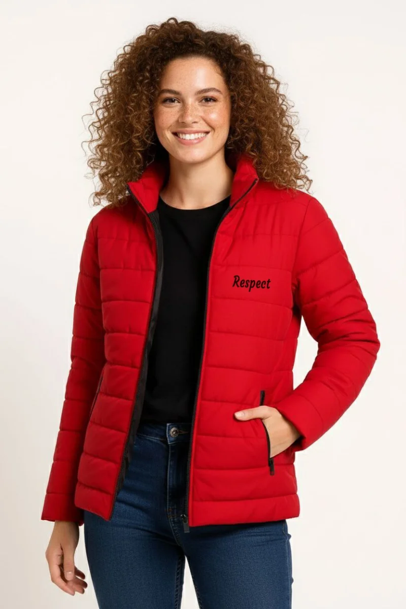 Kadın Mikro Su İtici Kapitone Baskılı Astarlı Fermuarlı Bomber Mont - Kırmızı