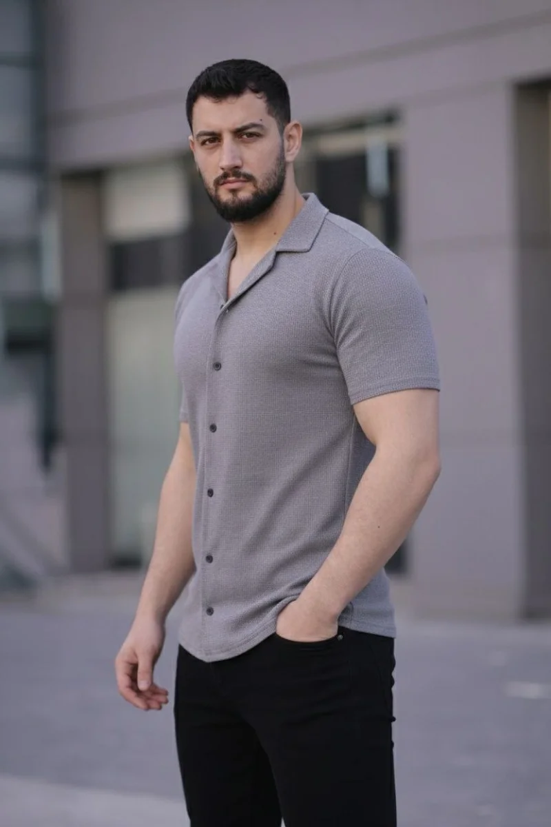 Erkek Waffle Kumaş Kısa Kollu Düğmeli Açık Yaka Regular Fit Gömlek - Gri