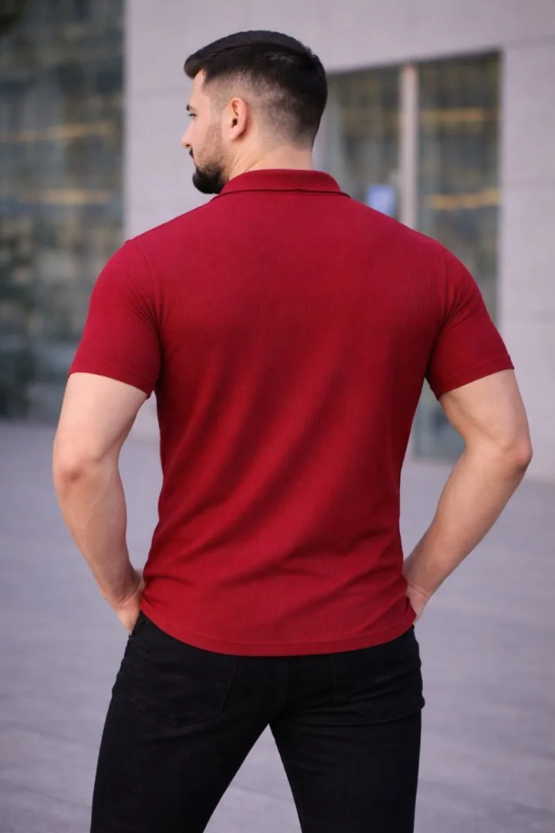 Erkek Waffle Kumaş Kısa Kollu Düğmeli Açık Yaka Regular Fit Gömlek - Kırmızı