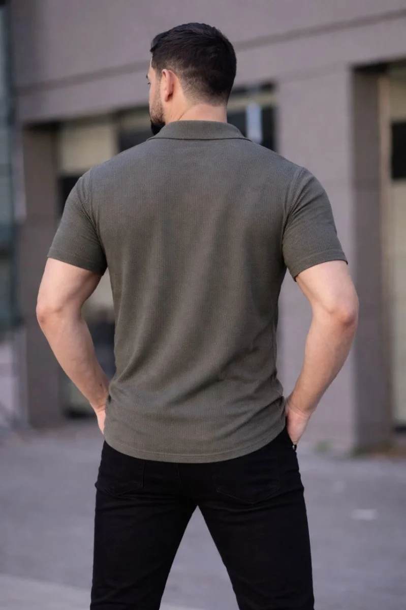 Erkek Waffle Kumaş Kısa Kollu Düğmeli Açık Yaka Regular Fit Gömlek - Haki