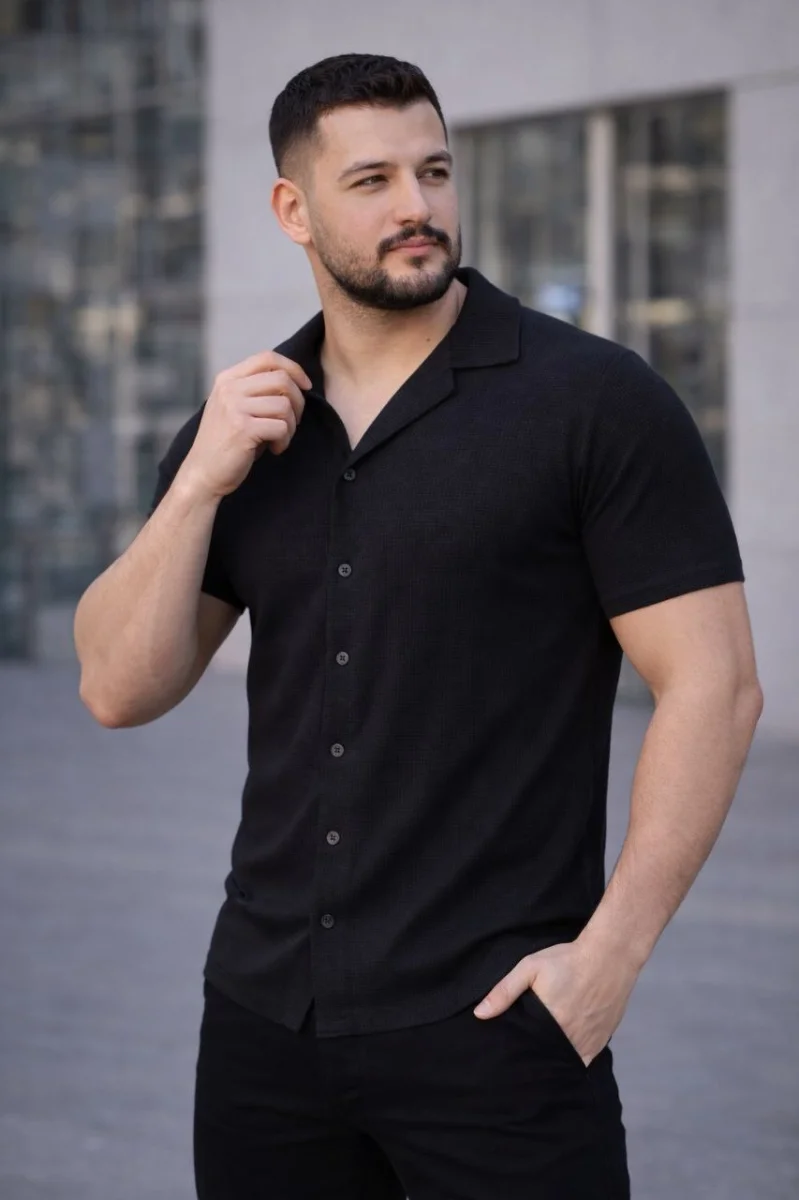 Erkek Waffle Kumaş Kısa Kollu Düğmeli Açık Yaka Regular Fit Gömlek - Siyah