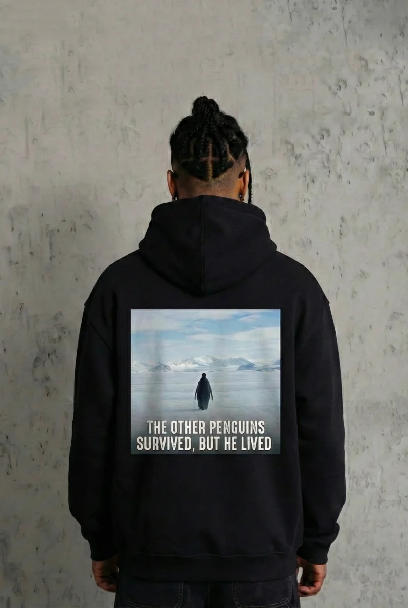 Siyah Oversize Hoodie - Sırt Baskılı "Survivor Penguin" Temalı, Felsefi Yazılı Kapüşonlu Sweatshirt - Siyah