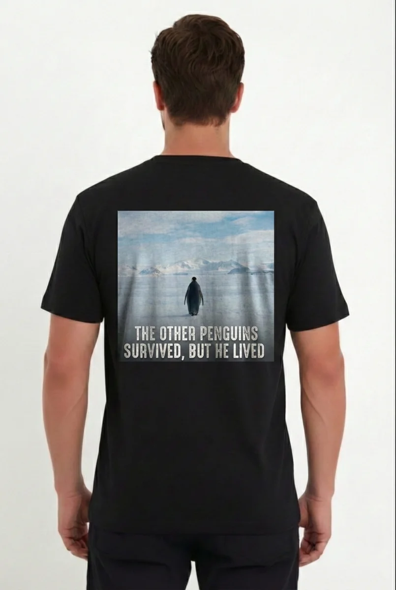 Erkek Oversize Tişört - Sırt Baskılı "Survivor Penguin" Temalı, Felsefi Yazılı Bisiklet yaka Tişört - Siyah