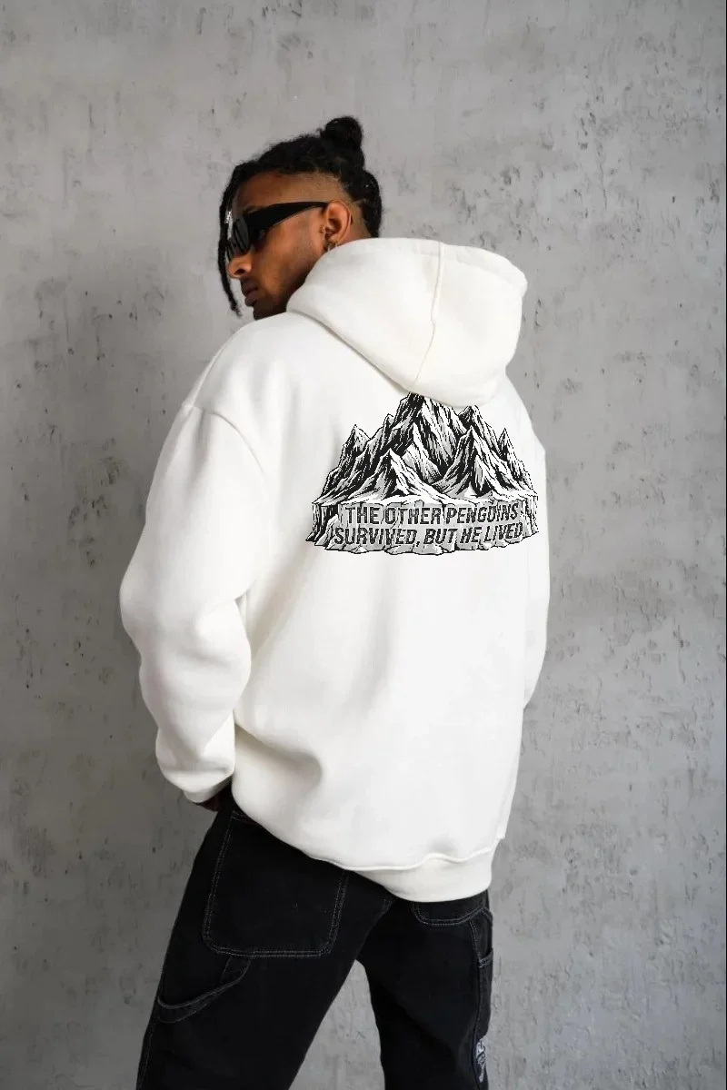Erkek Nihilist Penguen Temalı Oversize Kapüşonlu Sweatshirt - Beyaz