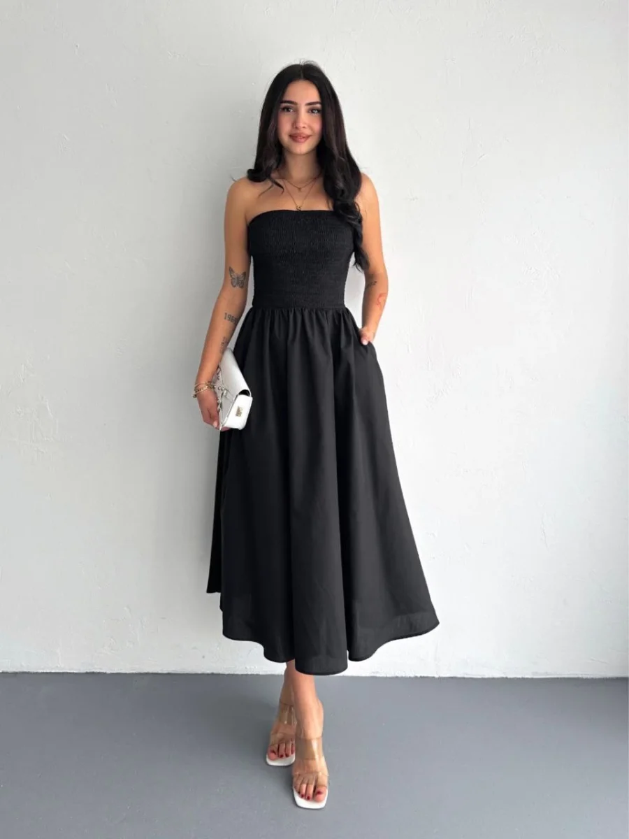 Straplez Pileli Elbise - Siyah