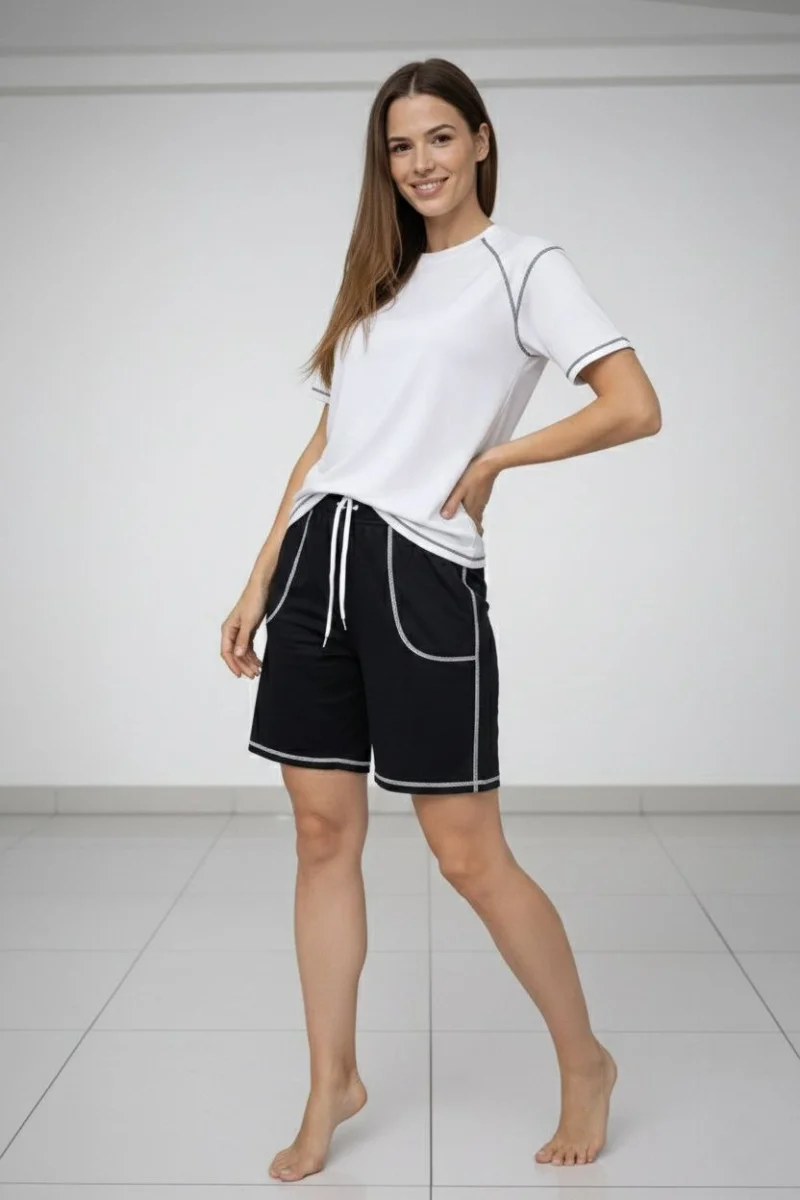 Kadın Spor Tişört Şort Takım Kontrast Dikiş Detaylı Ovarsize rahat kalıp - Beyaz