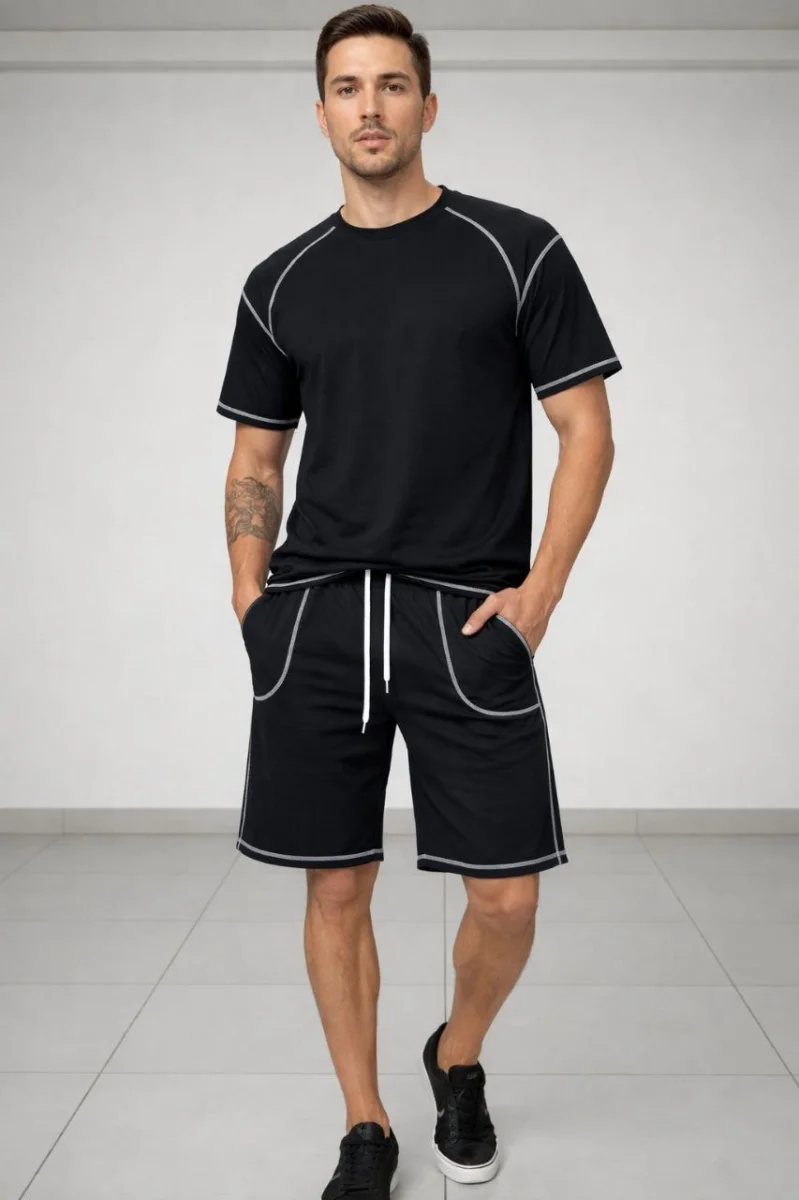 Erkek Spor Tişört Şort Takım Kontrast Dikiş Detaylı Ovarsize rahat kalıp - Siyah