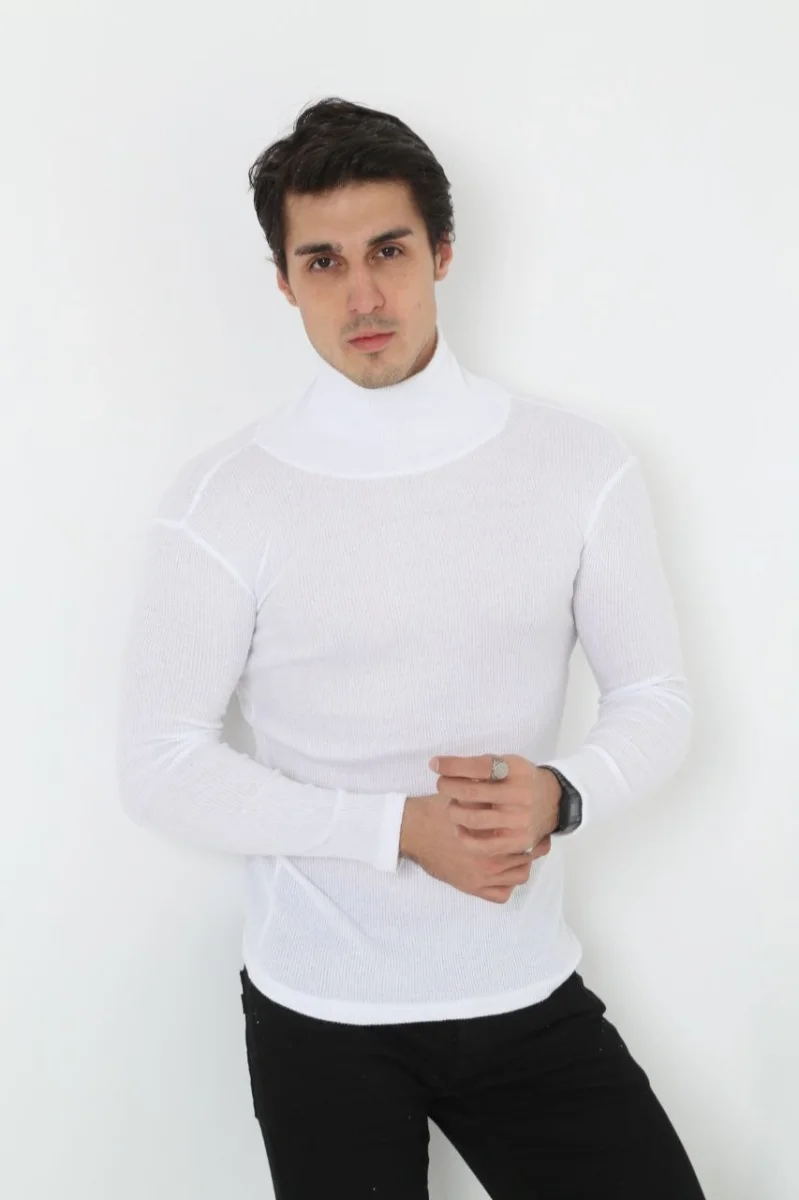 Erkek Kaşkorse Boğazlı Full Likralı Fitilli Body Kazak - Beyaz