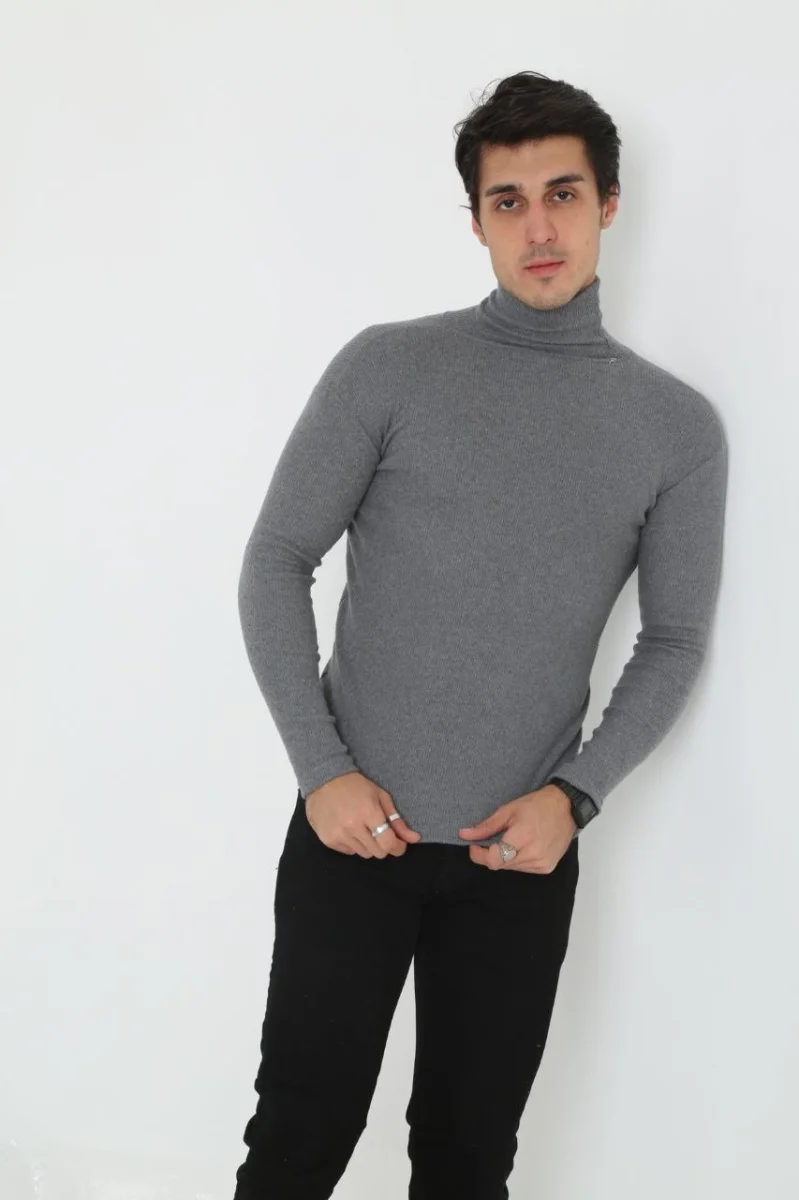 Erkek Kaşkorse Boğazlı Full Likralı Fitilli Body Kazak - Füme