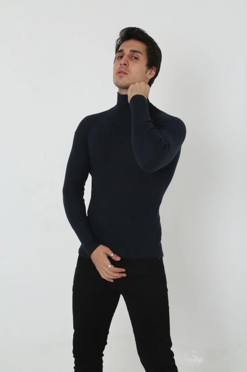 Erkek Kaşkorse Boğazlı Full Likralı Fitilli Body Kazak - Siyah