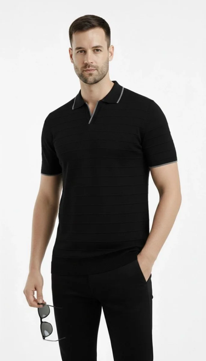 Erkek 2’li Paket Triko Yakalı Düğmesiz Açık Yaka Fitilli Kısa Kollu Regular Fit Tişört - Bej  Siyah