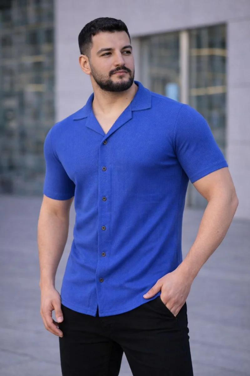 Erkek Waffle Dokuma Açık Yakalı Düğmeli Regular Kalıp 3’lü Gömlek Seti - Gri, Saks Mavisi, Beyaz