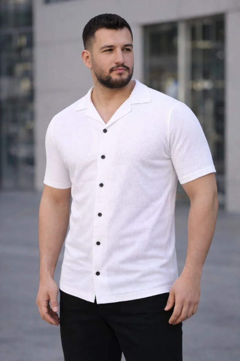 Erkek Waffle Dokuma Açık Yakalı Düğmeli Regular Kalıp 3’lü Gömlek Seti - Bej, Beyaz, Lacivert