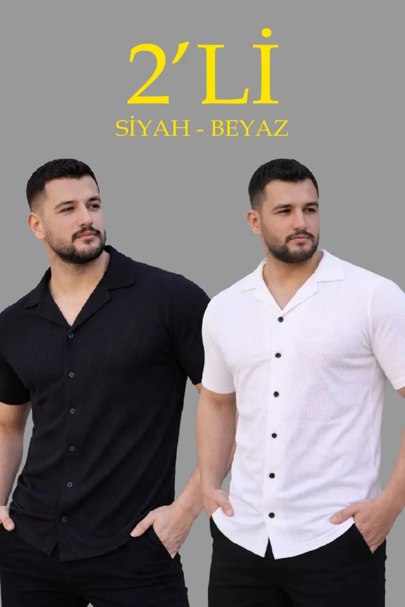 Erkek Waffle Dokuma Açık Yakalı Düğmeli Regular Kalıp 2’li Gömlek Seti - Siyah  Beyaz
