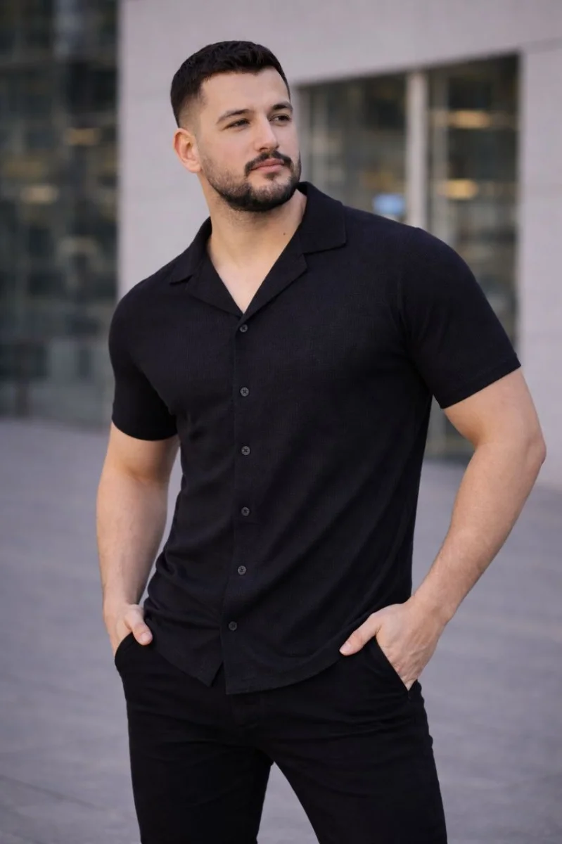 Erkek Waffle Dokuma Açık Yakalı Düğmeli Regular Kalıp 2’li Gömlek Seti - Siyah  Saks Mavisi