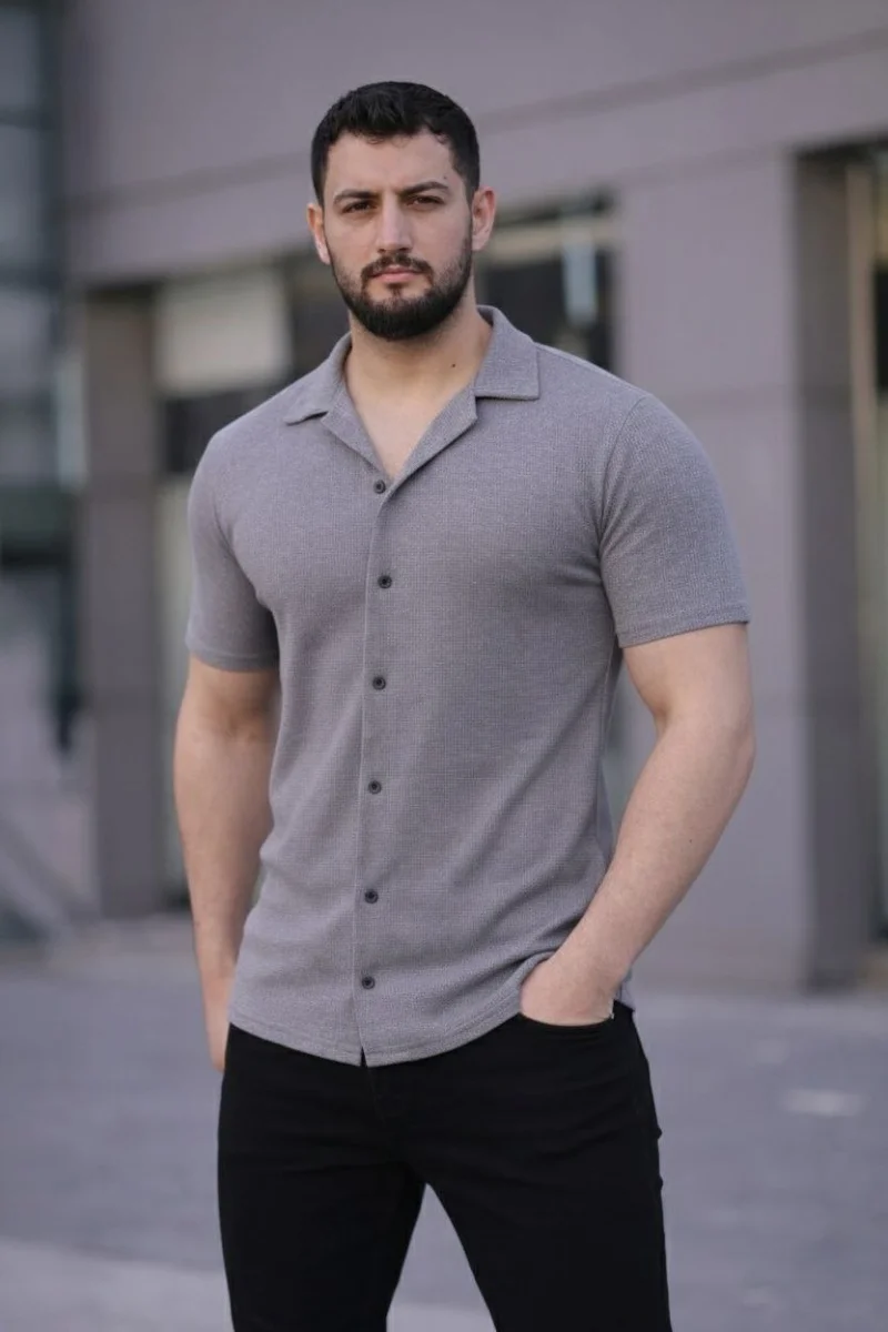 Erkek Waffle Dokuma Açık Yakalı Düğmeli Regular Kalıp 2’li Gömlek Seti - Lacivert  Gri