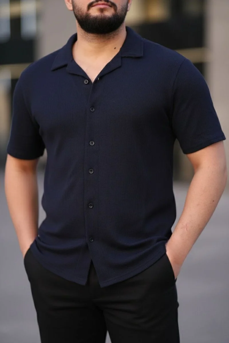Erkek Waffle Dokuma Açık Yakalı Düğmeli Regular Kalıp 2’li Gömlek Seti - Lacivert  Gri