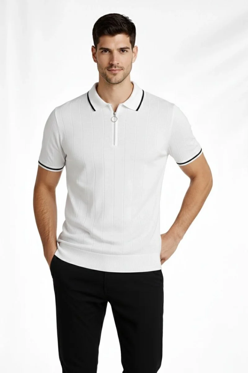 Erkek 2’li Paket Dokuma Triko  Fermuarlı Yakalı Fitilli Kısa Kollu Regular Fit Tişört - Beyaz  Siyah