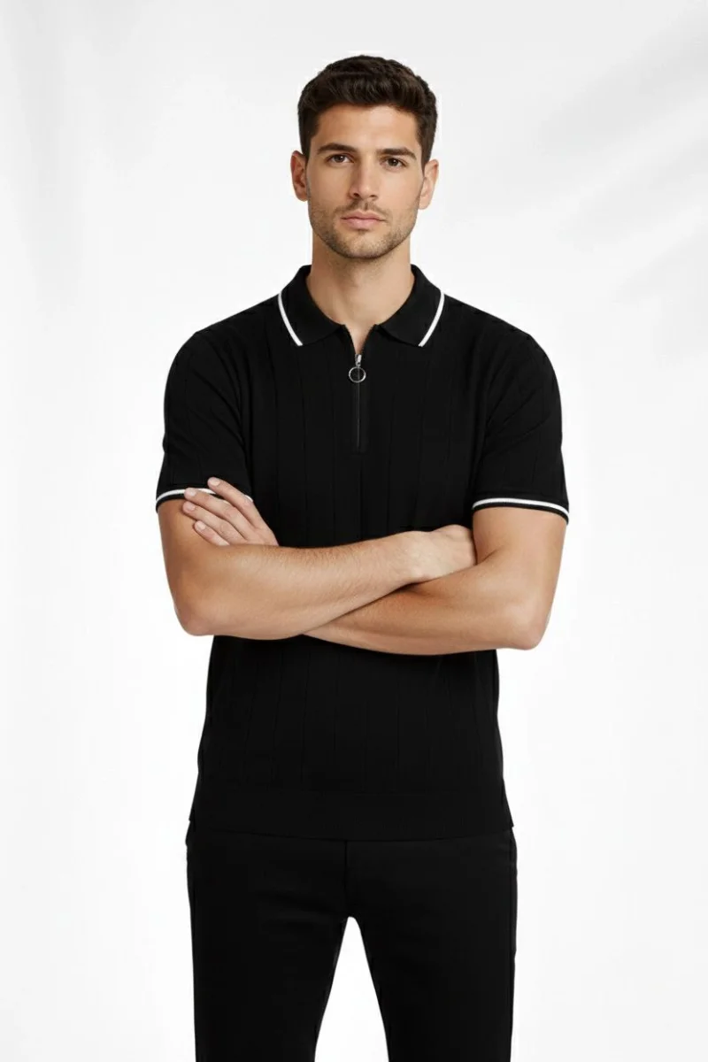 Erkek 2’li Paket Dokuma Triko  Fermuarlı Yakalı Fitilli Kısa Kollu Regular Fit Tişört - Bej  Siyah