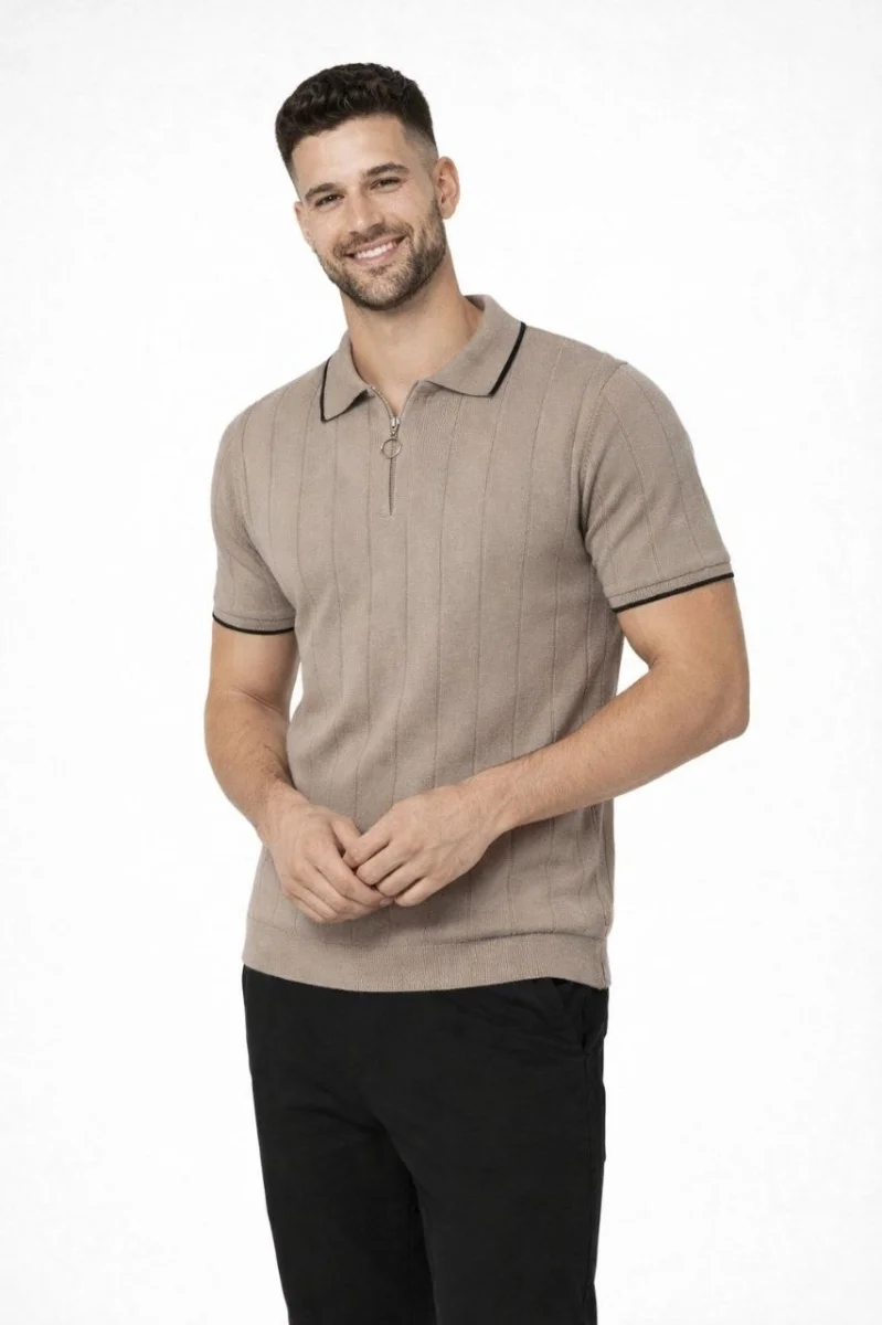 Erkek 3’lü Paket Dokuma Triko  Fermuarlı Yakalı Fitilli Kısa Kollu Regular Fit Tişört - Kahverengi, Beyaz, Siyah