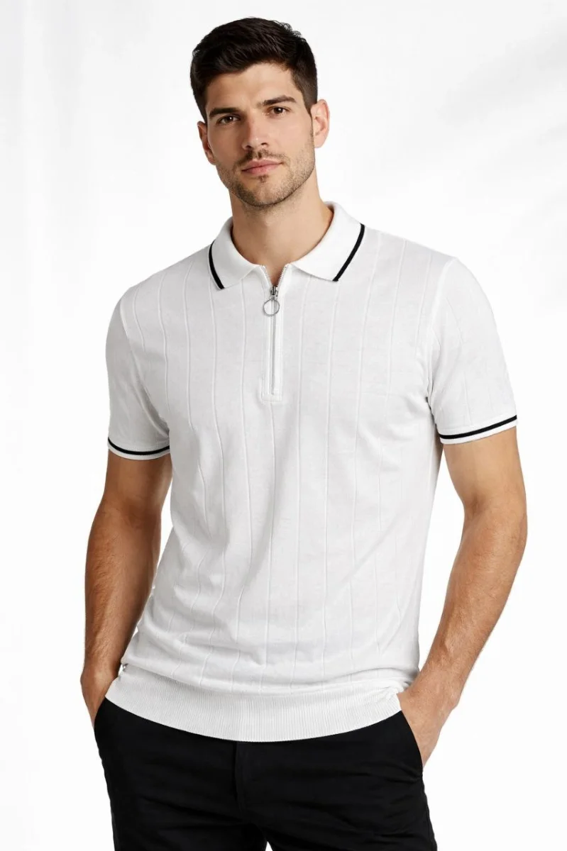 Erkek 3’lü Paket Dokuma Triko  Fermuarlı Yakalı Fitilli Kısa Kollu Regular Fit Tişört - Beyaz, Haki, Siyah