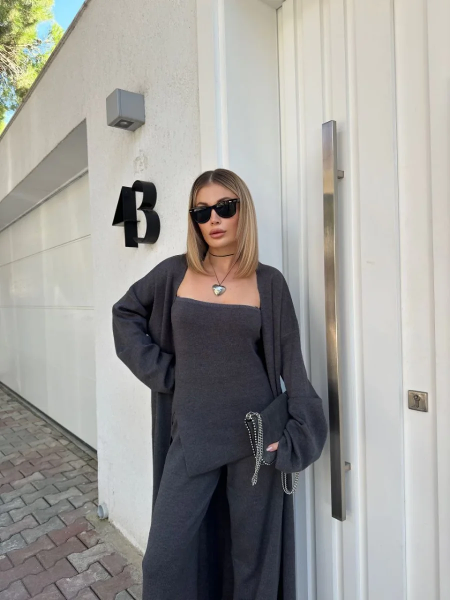 Kadın Triko 3 Parça Takım Straplez Üst Pantolon Uzun Hırka - Füme