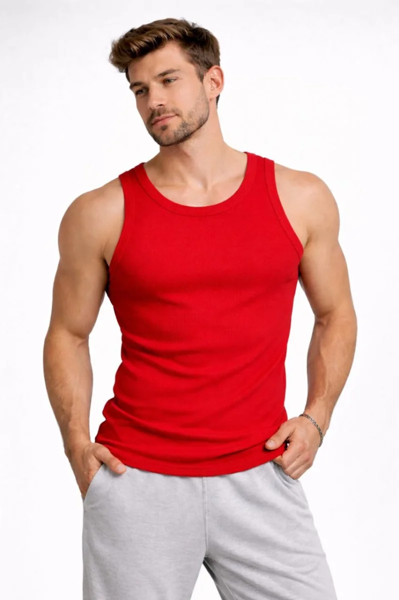 Erkek Fitilli Atlet Sıfır Yaka Slim Fit Arka Baskılı Spor Atlet - Kırmızı