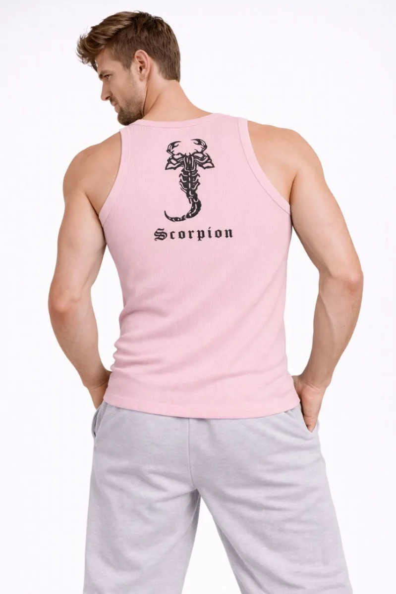 Erkek Fitilli Atlet Sıfır Yaka Slim Fit Arka Baskılı Spor Atlet - Pembe