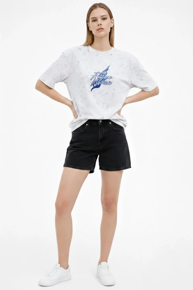 Kadın Asit Yıkamalı Oversize Tişört  - Beyaz