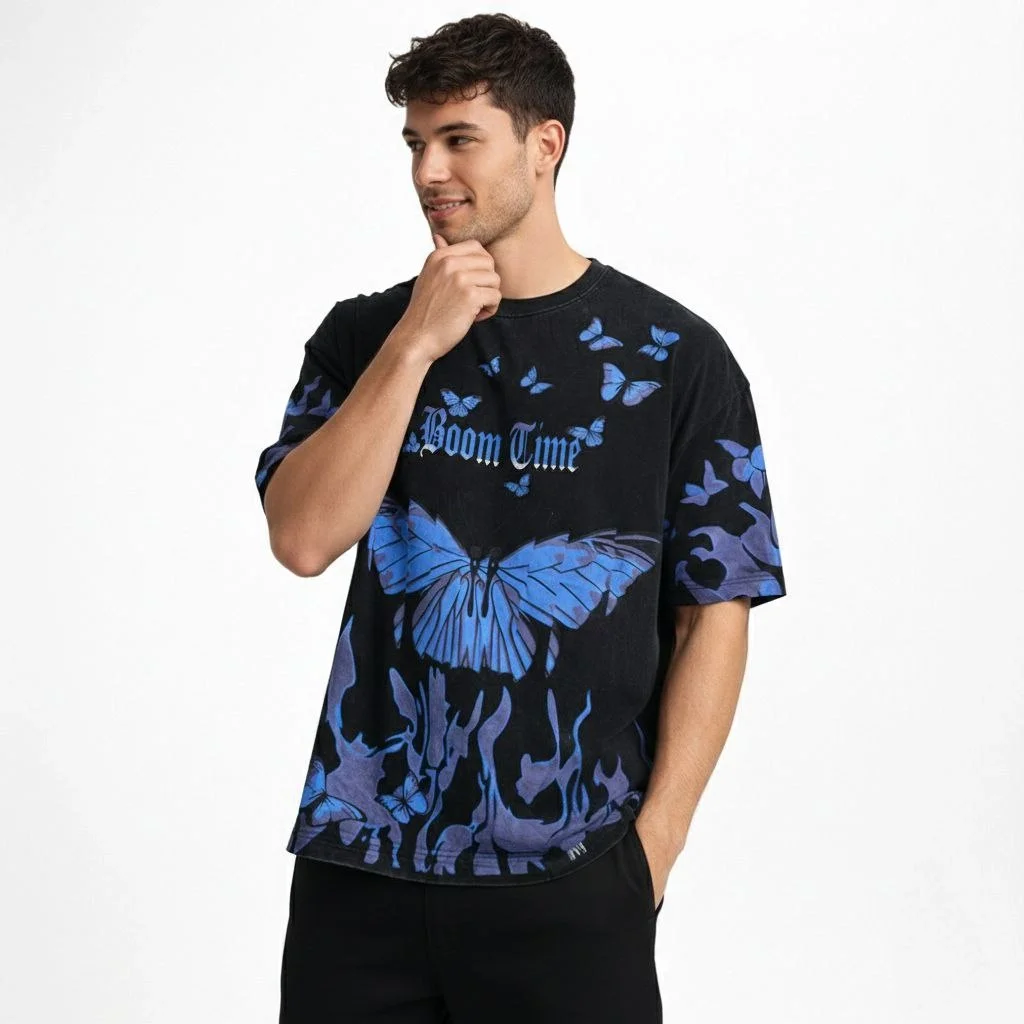 Erkek Asit Yıkamalı Oversize Tişört- Siyah