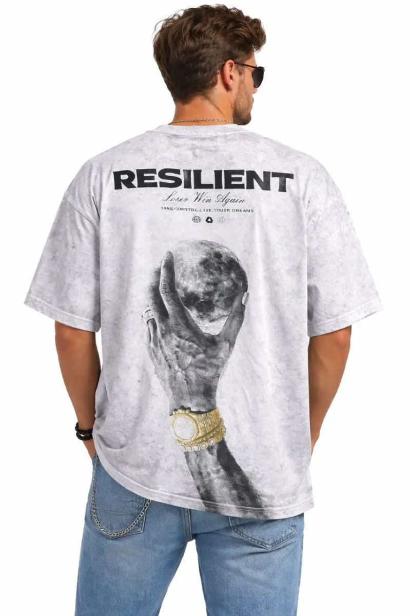 Erkek Asit Yıkamalı Oversize Tişört ön ve Arkası Baskılı %100 Pamuk Street Style T-Shirt - Beyaz