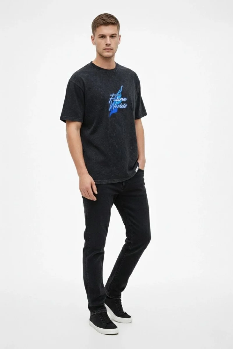 Erkek Asit Yıkamalı Oversize Tişört - Siyah
