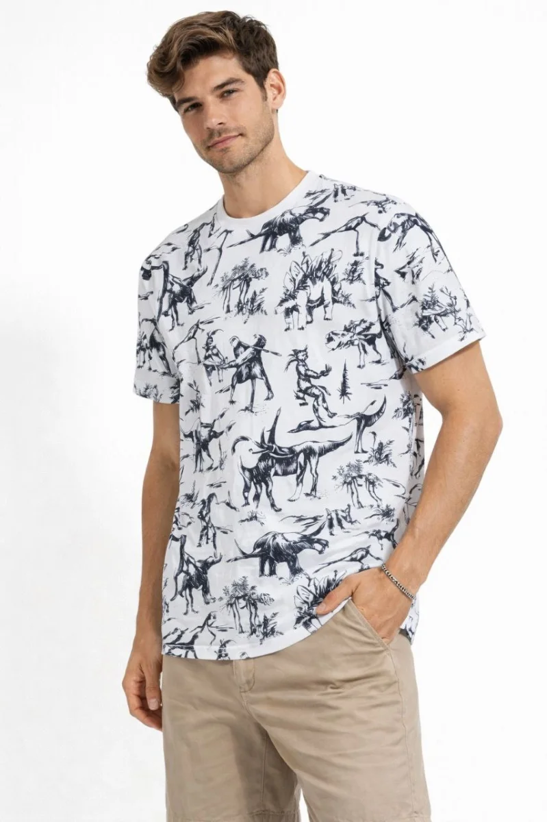 Erkek Beyaz Dinozor Desenli Tişört – Regular Fit, Bisiklet Yaka, Dijital Baskılı Pamuklu T-Shirt - Beyaz