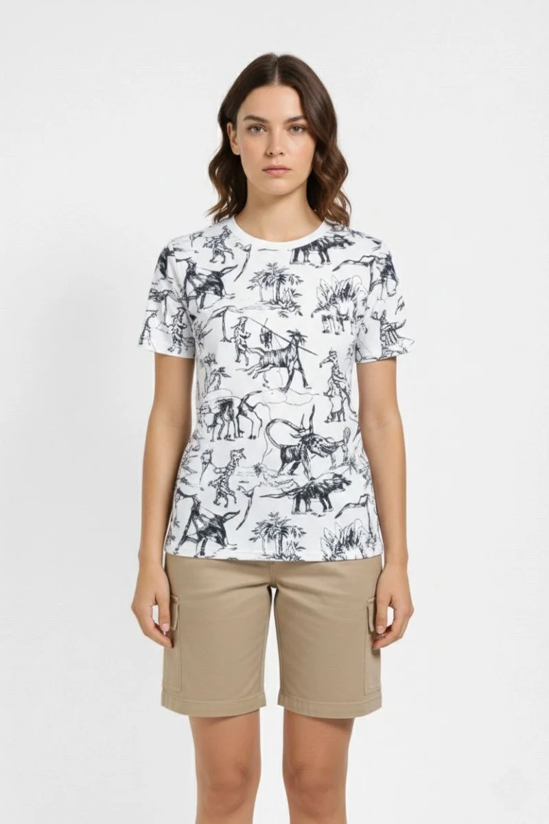 Kadın Beyaz Dinozor Desenli Tişört – Regular Kalıp, Bisiklet Yaka, Dijital Baskılı Pamuklu T-Shirt - Beyaz