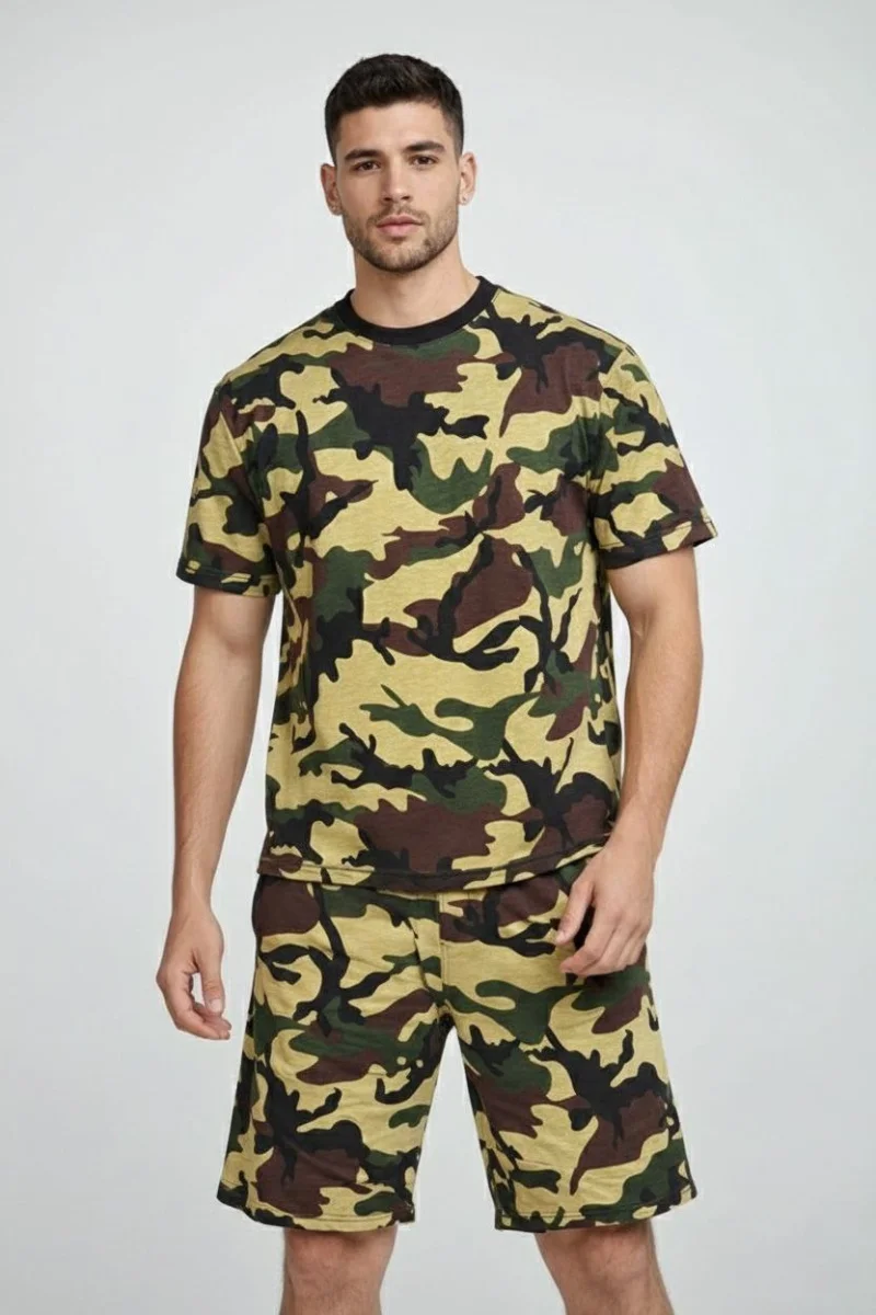 Erkek Kamuflaj Desenli Tişört Şort Takım – Regular Fit Günlük Spor 2’li Yazlık Kombin - Kamuflaj