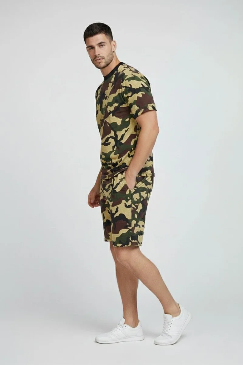 Erkek Kamuflaj Desenli Tişört Şort Takım – Regular Fit Günlük Spor 2’li Yazlık Kombin - Kamuflaj