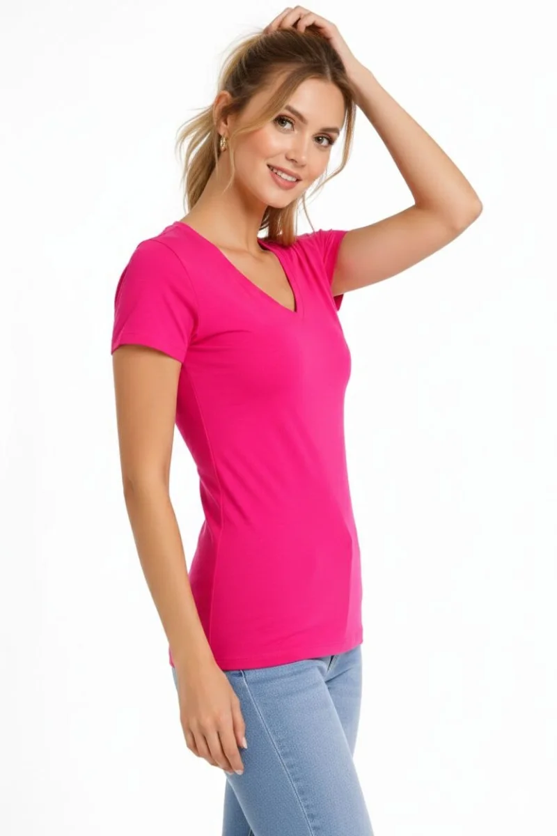 Kadın T-Shirt V Yaka Slim Fit Likralı Tişört Günlük Basic Body - Pembe