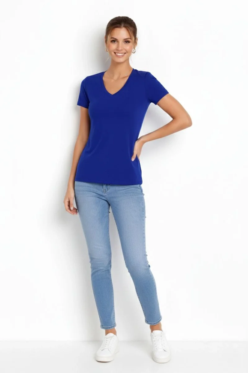 Kadın T-Shirt V Yaka Slim Fit Likralı Tişört Günlük Basic Body - İndigo