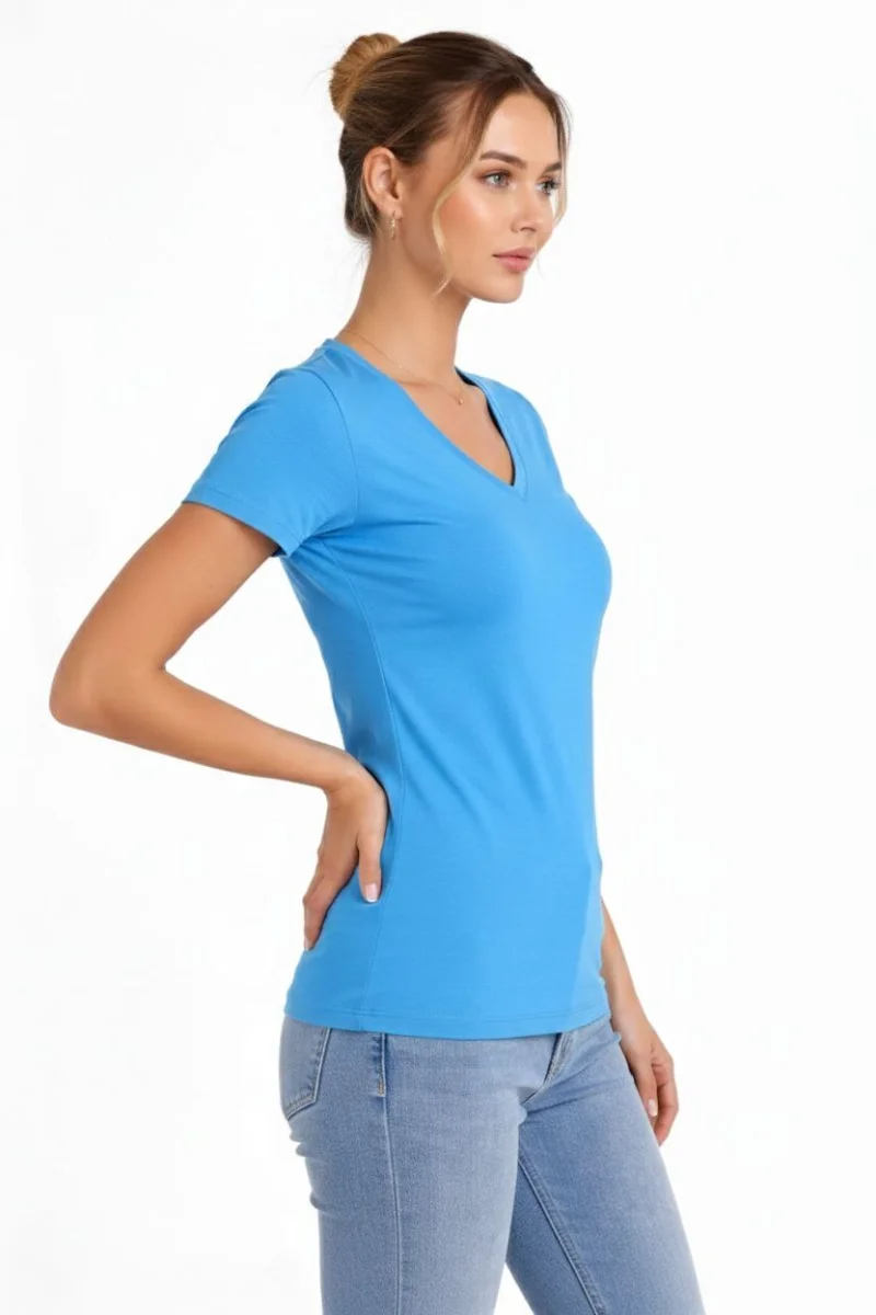 Kadın T-Shirt V Yaka Slim Fit Likralı Tişört Günlük Basic Body - Açık Mavi