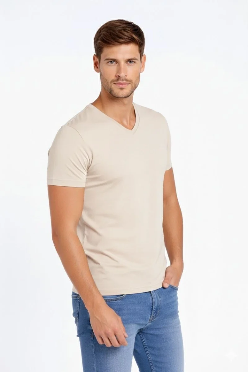 Erkek T-Shirt V Yaka Slim Fit dar kesim Likralı Tişört Günlük Basic Body - Taş